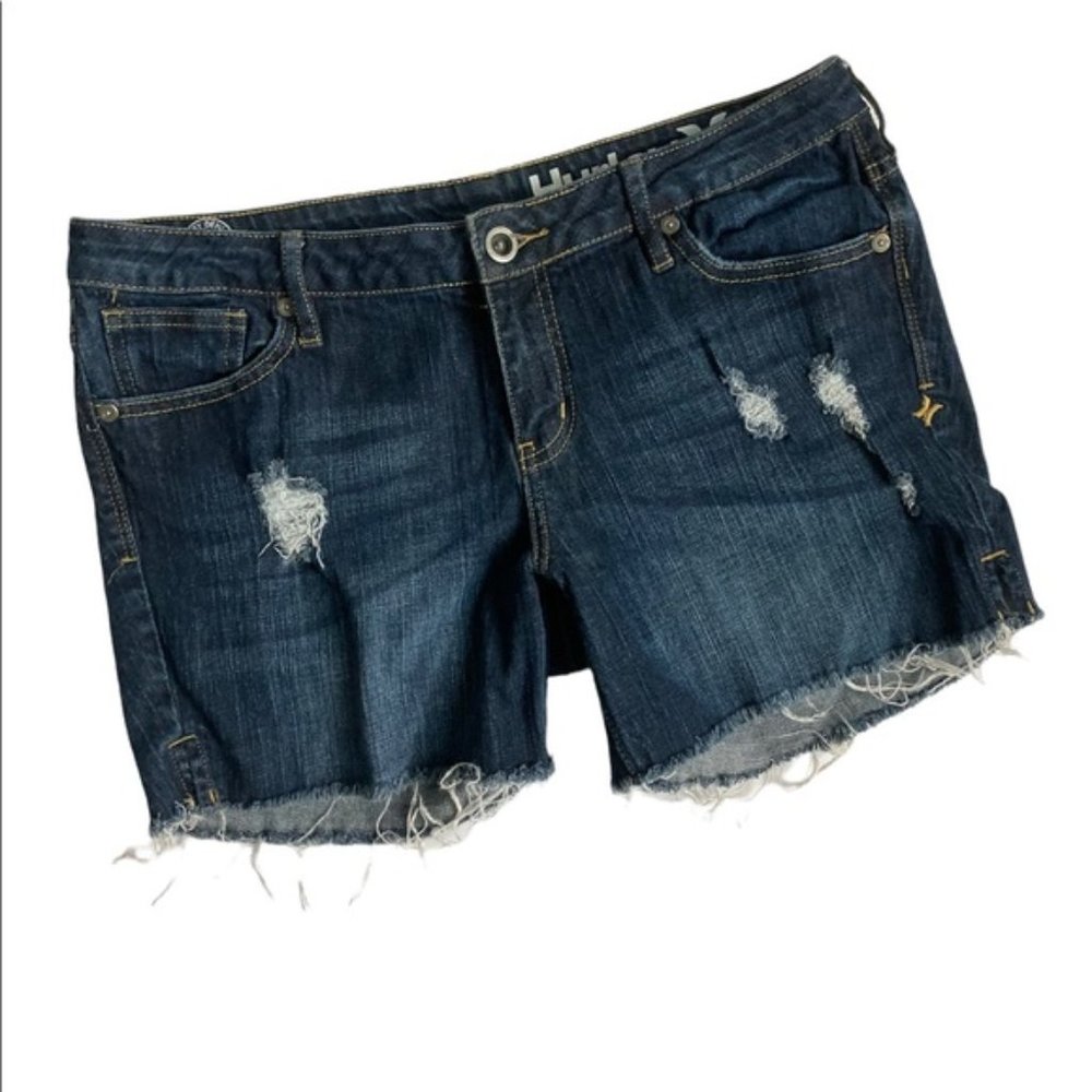 HURLEY 80S Super Slim Distressed Dark Wash Jean Shorts Womens Size 13